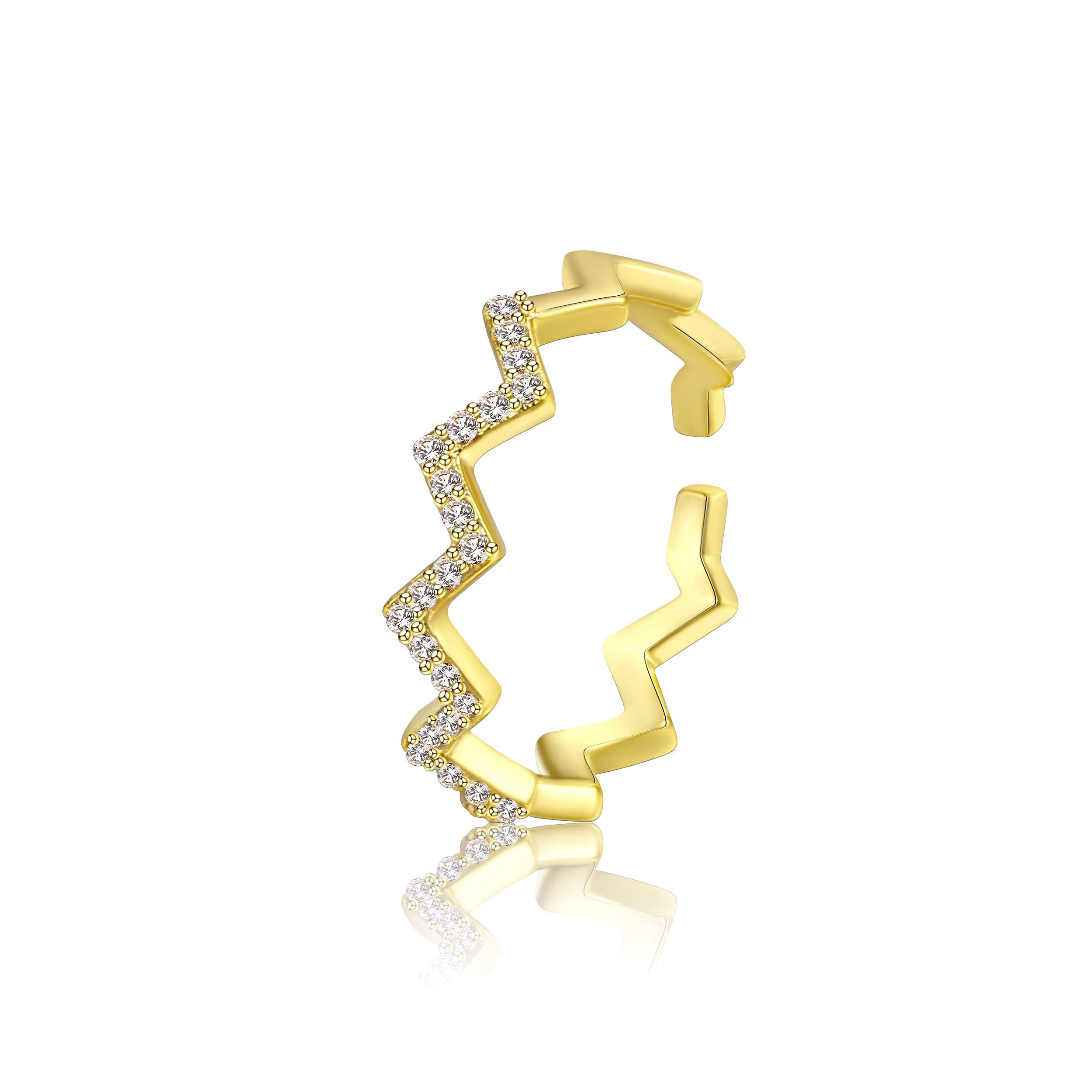 ASCOMY Dainty CZ Wave Ring 14k Gold Plated Handmade