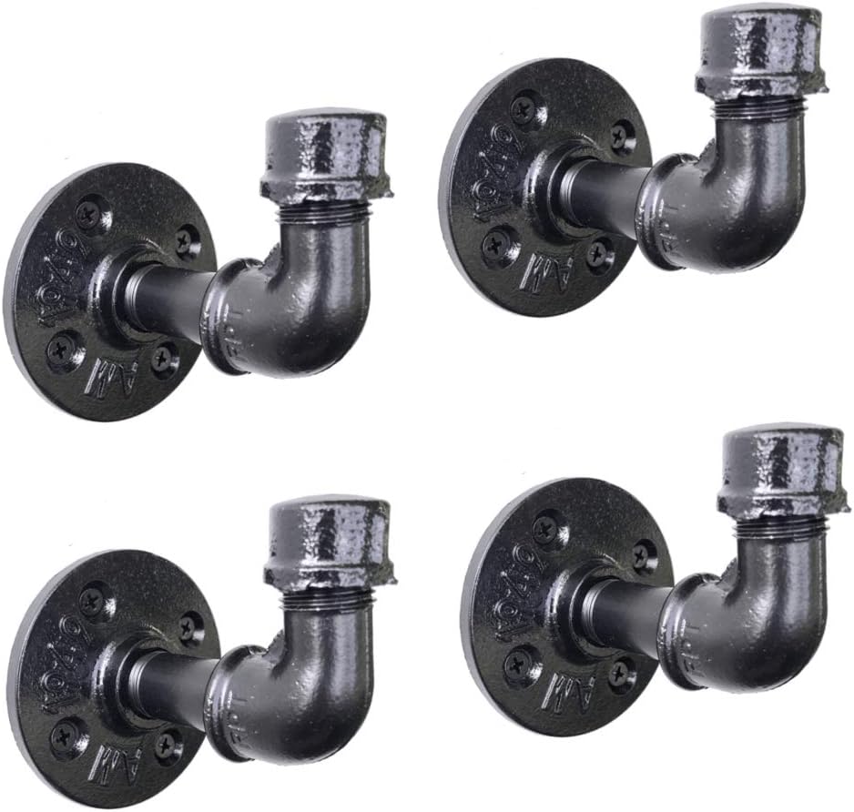Rustic Farmhouse Towel Robe Hook Sets (4 Hooks) | Industrial Coat Hooks Decor Home Kit | Quality Black E-Coated Iron Pipes | Vintage DIY Wall Mounted | Steampunk Style | Includes All Hardware - - 