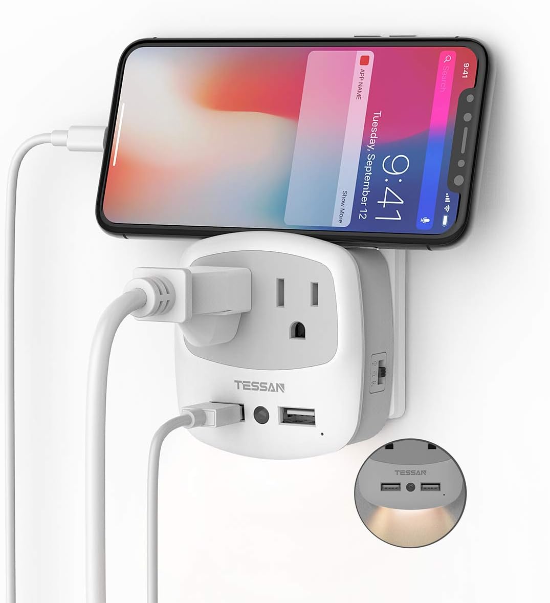 USB Outlet Plug Extender, TESSAN Power Outlet Expander with USB Wall Charger and Night Light Adapter for Travel Cruise Essentials, Mini Phone Charger with Multiple Outlet Splitter - - 