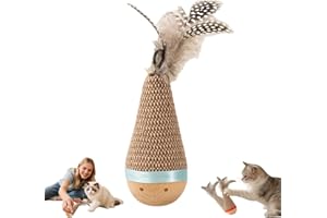 2026 Cat Feather Toy & Wooden Tumbler, Interactive Wobble Starter Toy for Kittens & Indoor Cats No Catnip, Self-Righting, Fun