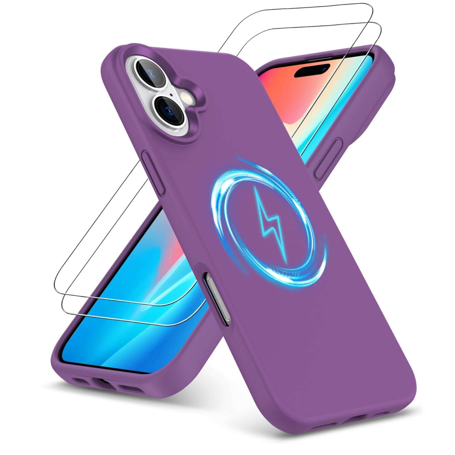 PIXFAB for iPhone 16 Case with 2 x Screen Protector Tempered Glass, [Compatible with Magsafe] Liquid Silicone Shockproof Armour Protective [Soft Touch] Rubber Gel Phone Cover - Purple