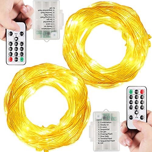 2 Set LED Timer Remote String Lights Battery Powered Lebefe Waterproof 50 Leds 16.4 Feet Soft PVC Coated Copper Wire Decoration Rope Lights(Warm White)