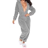 HRESSLBD Women's Warm Fuzzy Fleece Hooded Romper Pant Playsuit Jumpsuit, Women's Cute Warm Fuzzy Fleece One Piece Outfit Pajamas (Light Gray, S)