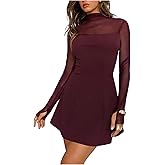Milumia Women's Sheer Mesh Long Sleeve Mini Dress Sexy Mock Neck A Line Cocktail Party Short Dresses