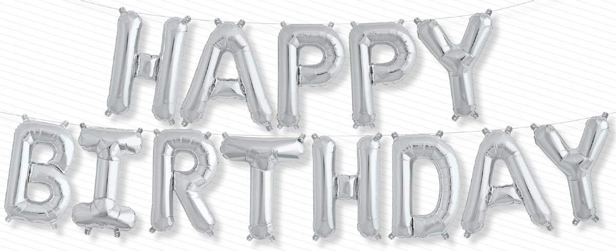Toyland® 16" Happy Birthday Balloons - Air Fill Only - Straw and Ribbon Included (Silver)