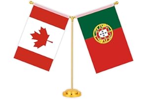 Portugal Canada Combo Desk Small Flag Set,5×8 Inch Portuguese Canadian Mini Desktop table Banner,12 inch Metal Solid Pole Dec