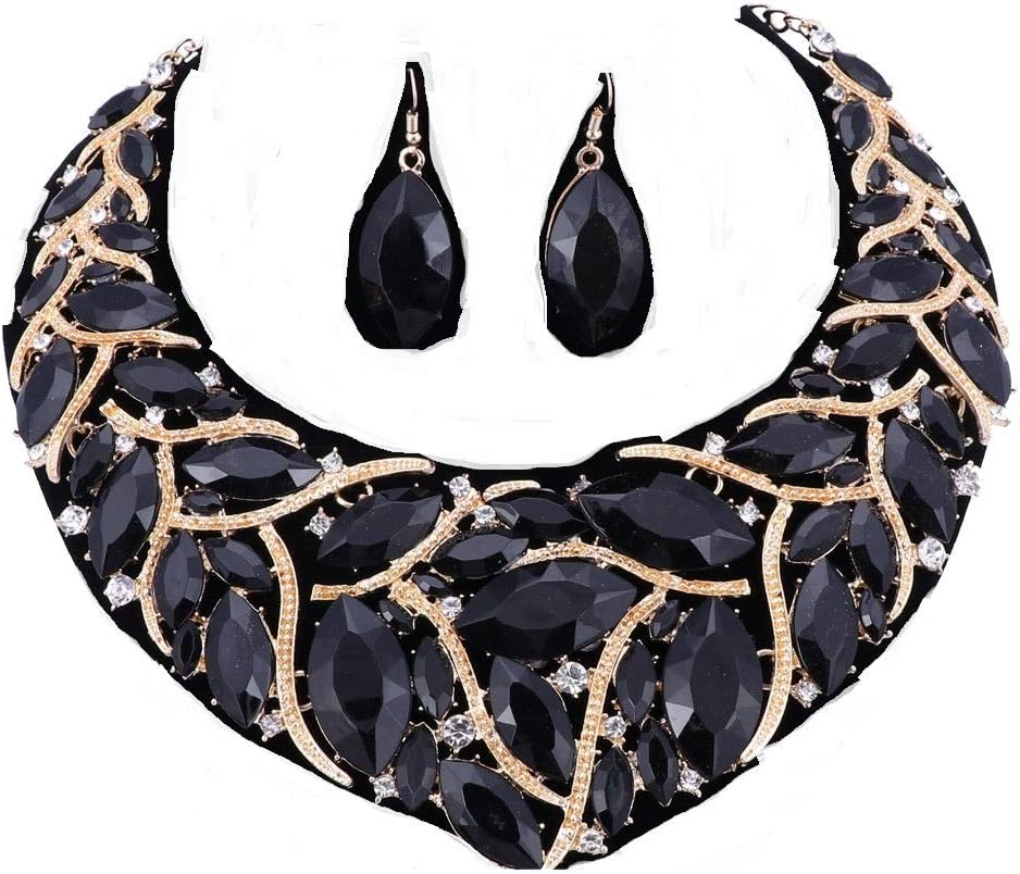 OUHE Women Crystal Chunky Choker Statement Necklace Earrings Wedding Prom Jewelry Set Costume Fashion Accessories with Gift Box
