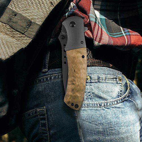 Naturous Folding Pocket Knife, Titanium Gray Outdoor Tactical Knife, Natural Wooden Handle with Nylon Sheath Survival Knife, Liner Lock Hunting Knife - Thumbnail 6