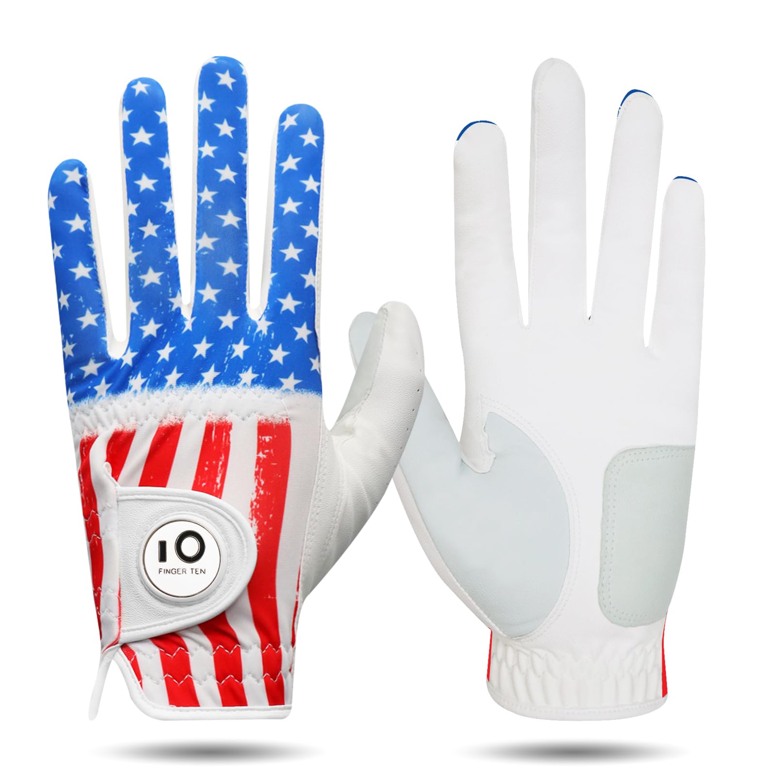 FINGER TEN Golf Gloves Men Left Hand Right with Ball Marker Cabretta Leather Weathersof Value Pack,Mens Golf Glove Fashion Pattern Wear Resistant (Cyan, L,Left)