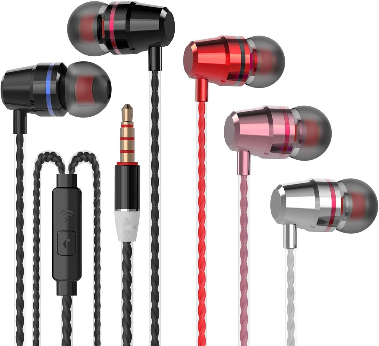 YNR V1 Headphones Earphones Earbuds Earphones, Noise Islating, High Definition, Stereo for Samsung, iPhone,iPad, iPod and Mp3 Players๏ผBlack, Red๏ผ Silver, Pink (Black+Silvery+Red+Pink 4 Pairs)