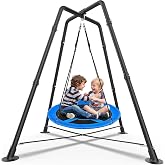 35" Saucer Swing Set with Stand, for Kids and Adults | 32mm Steel Frame, X-Shape Base with 4 Stakes, 330lbs, for Indoor Outdoor Backyard, Blue