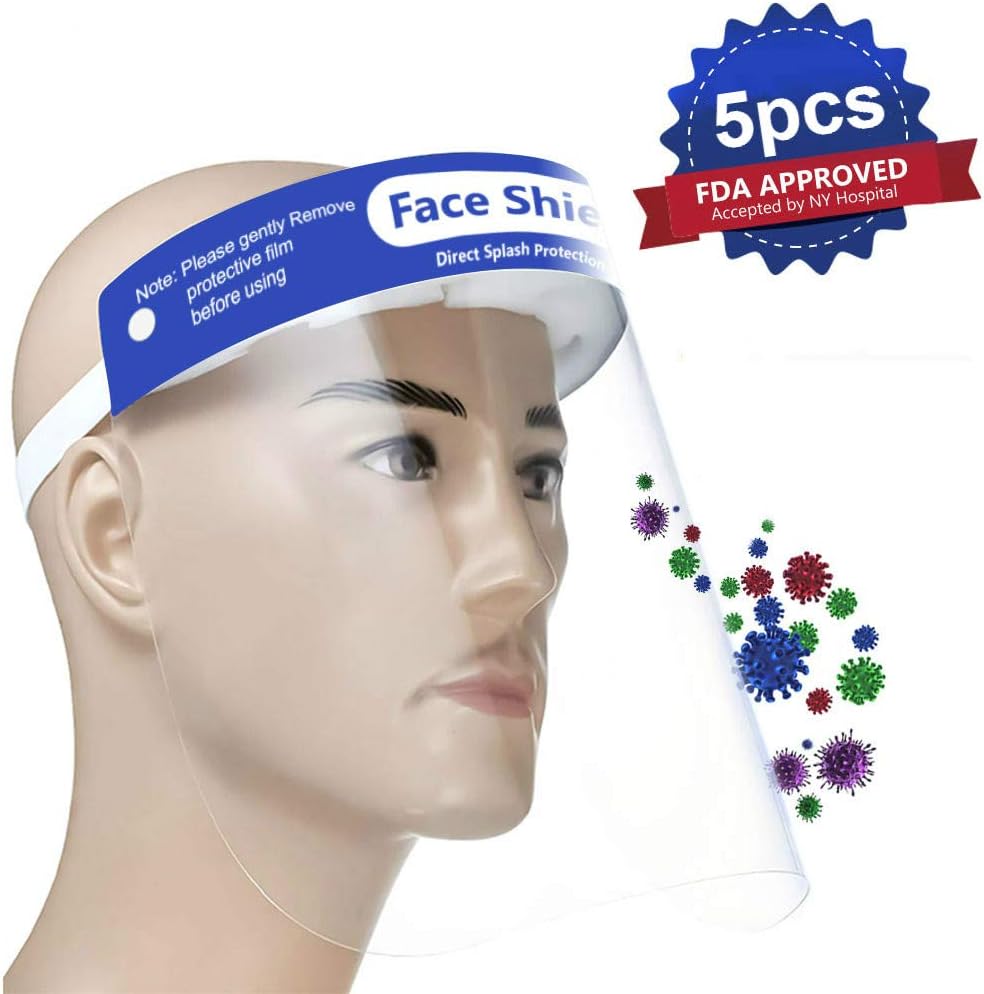 5-Pack Face Shield Protect Eyes and Full Face, Face Shield with Protective Clear Film Elastic Band and Comfortable Sponge for Men and Women