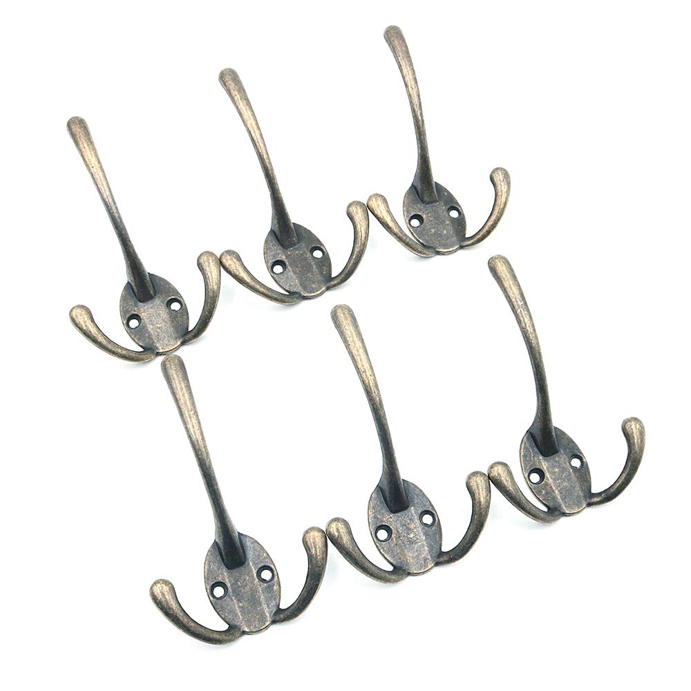 Namvo 6 Pack Heavy Duty Dual Coat Hooks Wall Mounted with Screws, Retro Three Hooks Utility Hooks for Scarf, Bag, Towel, Key Hat (Green Bronze)