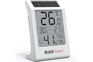 BaldrTherm Room Thermometer Indoor Humidity Meter, Solar-Powered 3.2'' Large Digital Temperature Sensor Monitor with Max/Min Reading for Baby Room, Home, Office, White, 1Pack