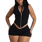 VWIWV Women Sexy Zipper Crop Tank Top and Shorts Set Casual Clubwear 2 Piece Tracksuits