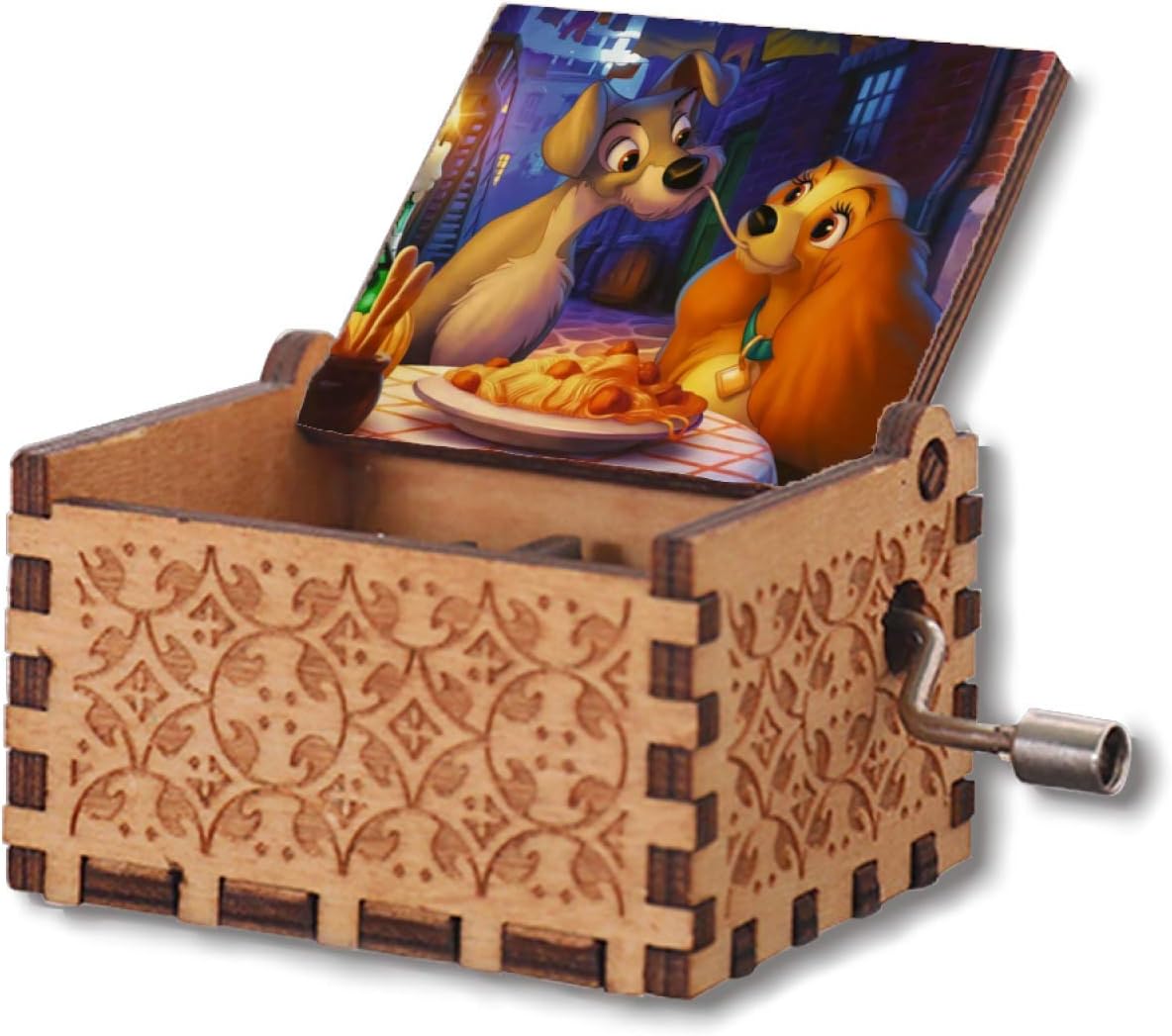 VINMEN Lady The Tramp Wooden Music Box Hand Crank Carved Musical Box Gifts for Birthday Hand-Operated Toys for Kids Boys Girls