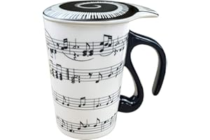 Lavezee 15 Oz Mug for Music Lover Coffee Cup with Lid Music Notes Handle Tea Milk Ceramic Mug Cup Gift