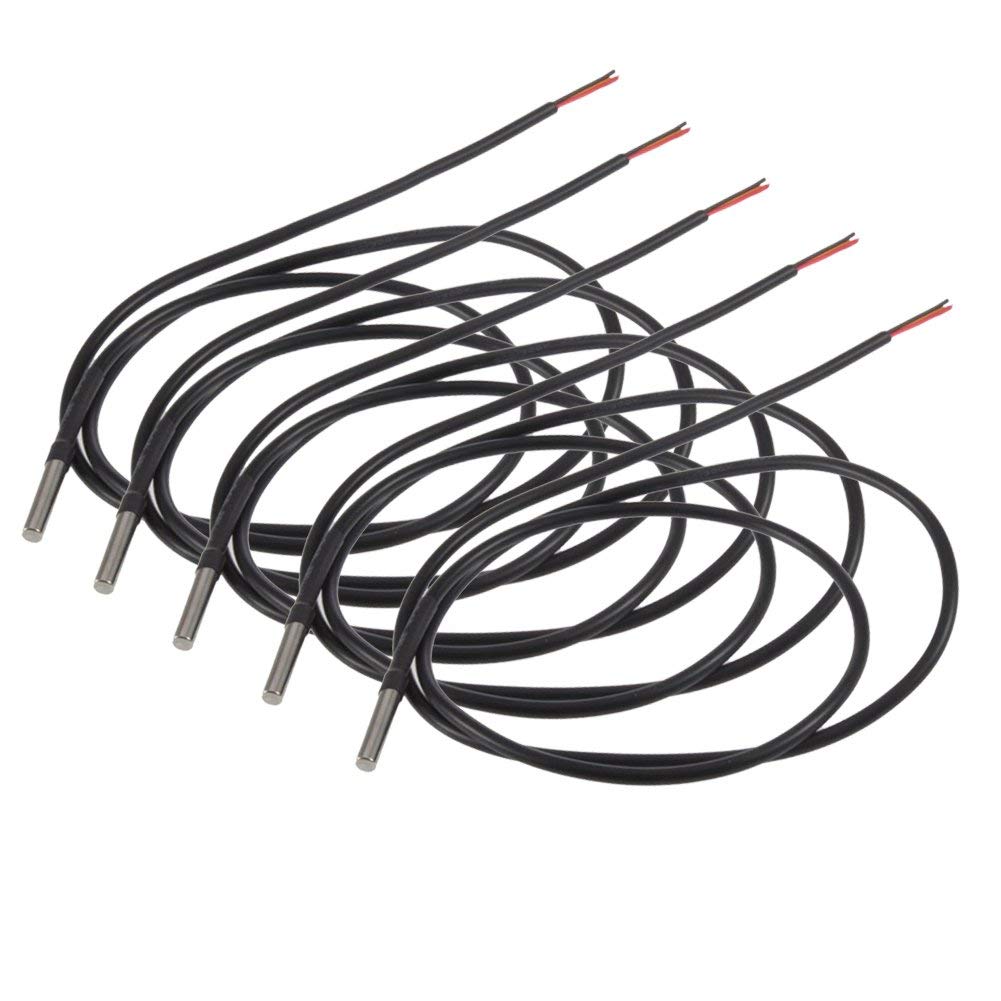 Aideepen 5Pcs 2m Cable Temperature, Digital Stainless Steel Probe, Measure Temperature -55°C to +125°C, Compatible with Arduino and Raspberry Pi, Compatible with shelly