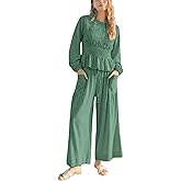 Antnation Womens 2-Piece Boho Long Sleeve Smocked Top & Wide Leg Pants Set Casual Lounge Outfit with Pockets
