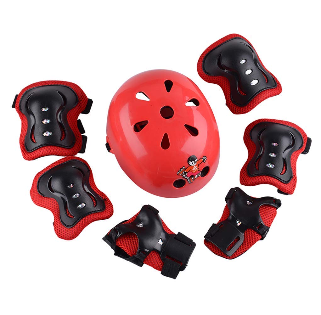 1Set(Black+Red) 7 in 1 Sports Skateboard Protection Sets Cycling Roller Skating Helmet/Elbow Pads/Knee Pads/Wrist Pads Safety Protective Guard Gear for Kids Children(M for 8-12 years old)