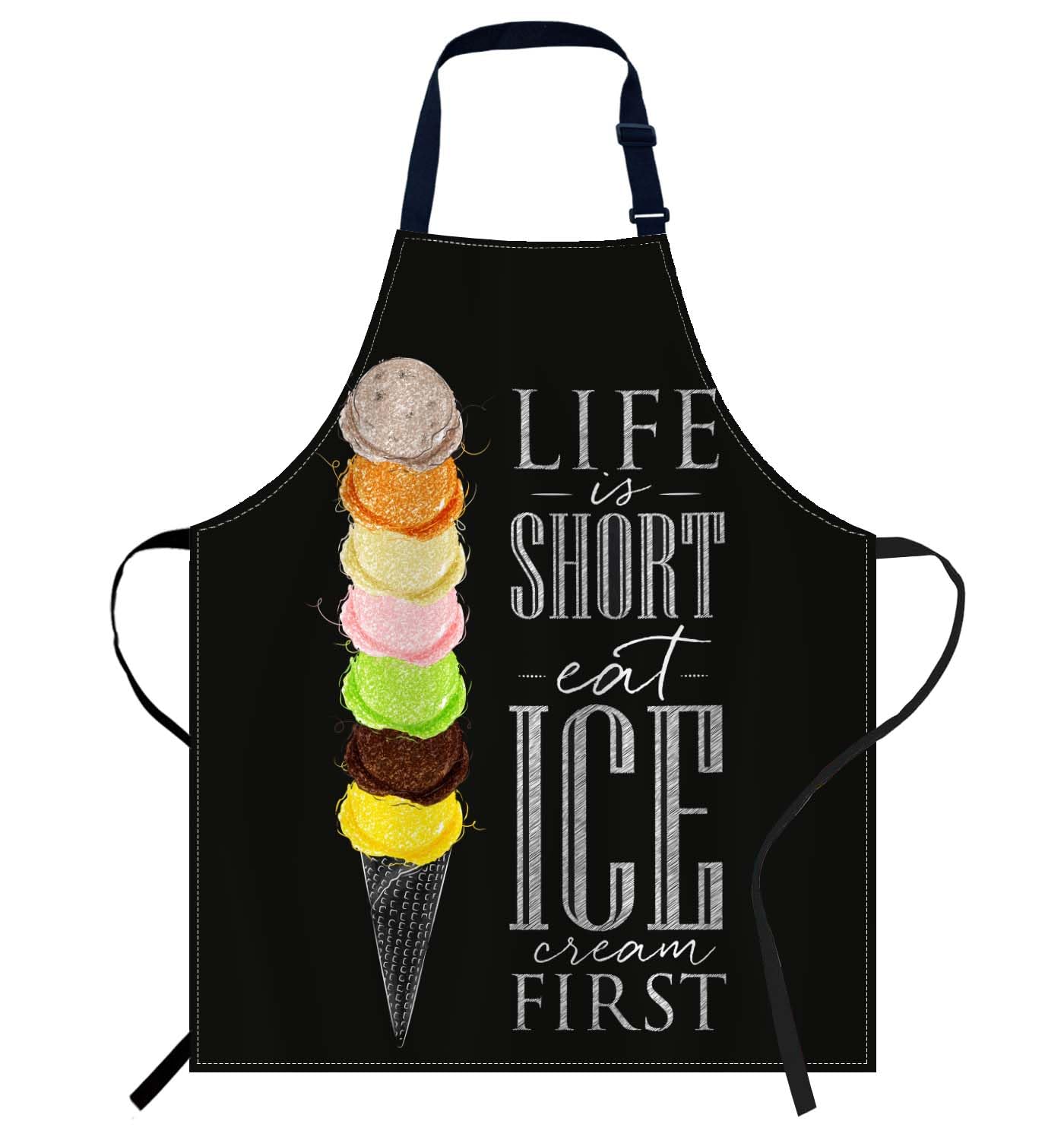 Smooffly Life is Short Eat Ice Cream First Apron Unisex Adjustable Bib Apron Cooking Kitchen Chef Women Men Aprons for Home Kitchen, Restaurant,Coffee House,Shop,Garden