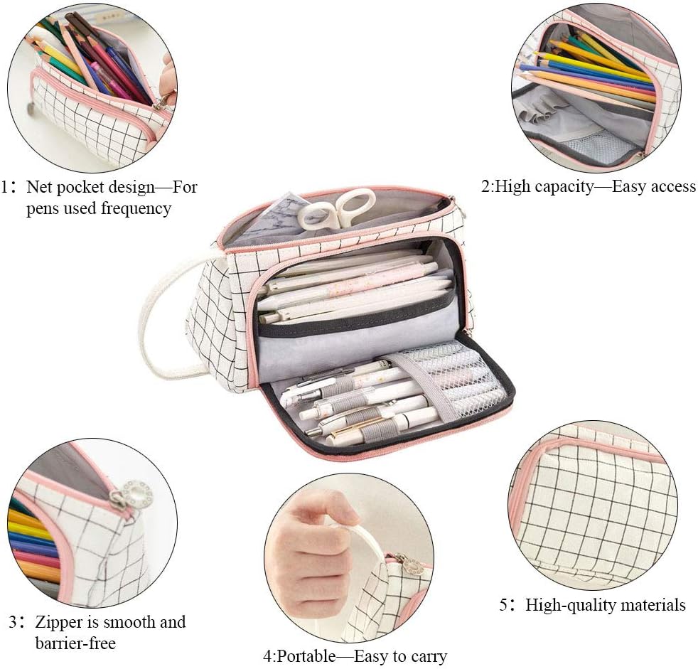 ManLee Large Pencil Case Big Capacity Pencil Pen Pouch Bag Holder Portable Canvas Stationery Makeup Bag with Zipper Handle for Student Teens Girls Children's Day Gifts School (Pink and White) - Image 3
