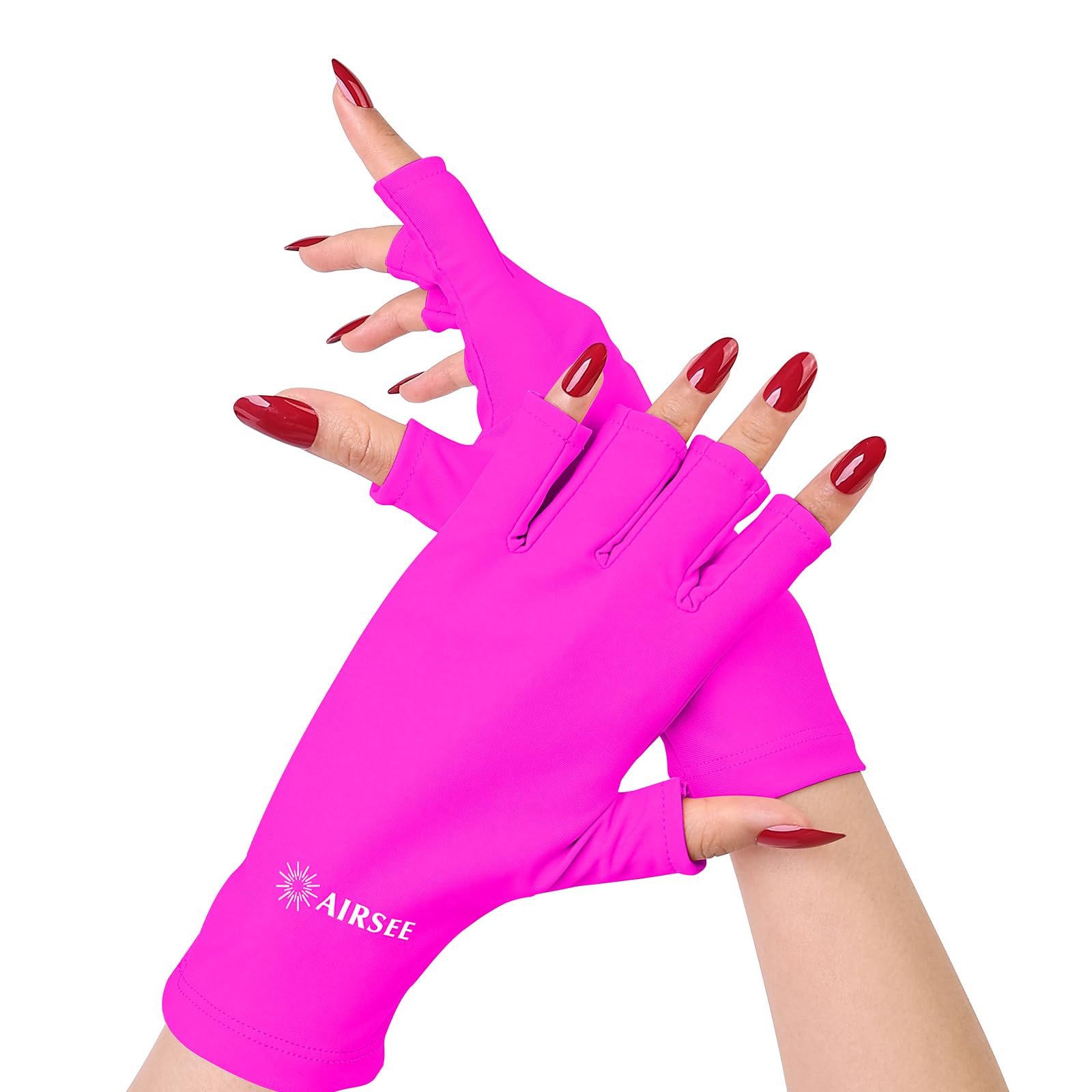 AIRSEE Anti UV Gloves for Nail Lamp, UPF50+ UV Protection Gloves for Manicures Nail Art, Fingerless Gloves for Women (Rose Red)
