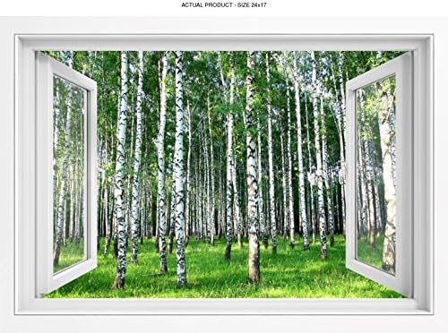 WallPix 24x17 Inch 3D Wall Sticker Decal Mural Window View of Birch Grove Summer Sunlight - PEEL and STICK - Made from tear-proof, easy-to-clean, durable Bubble Free Material