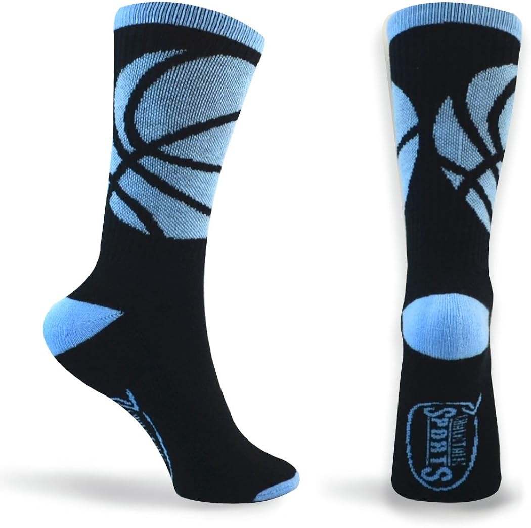 Basketball Sock | Athletic Mid Calf Woven Socks | Basketball Wrap | Black and Carolina Blue: Clothing