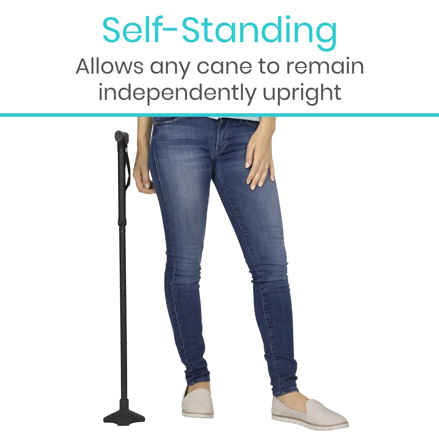 Vive Self Standing Walking Cane Tip 3/4 Inch Heavy Duty Replacement Quad - Rubber Cane Foot Base All Terrain for Walking Sticks, Folding & Medical Canes - Stabilizing Cane Tip for Men, Women (Black)
