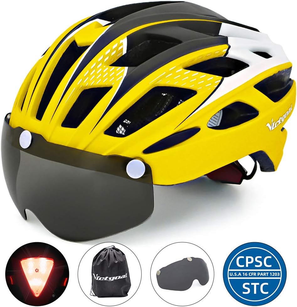 VICTGOAL Bicycle Helmet for Men Women with Safety Led Back Light Detachable Magnetic Goggles Visor Mountain & Road Bike Helmets Adjustable Size Adult Cycling Helmets