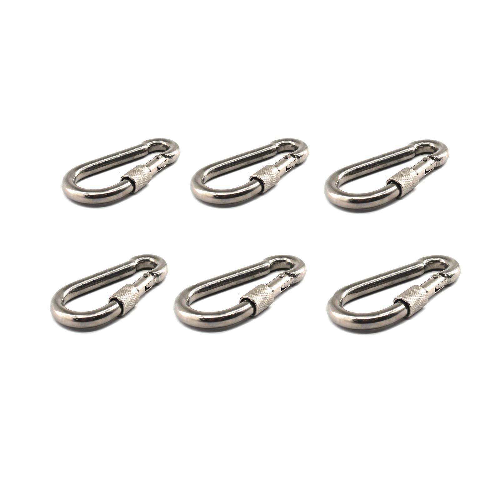 304 stainless steel M6 locking carabiner with female spring buckle suitable for keychain, camping, hiking, fishing, backpacking pack of 6 pcs