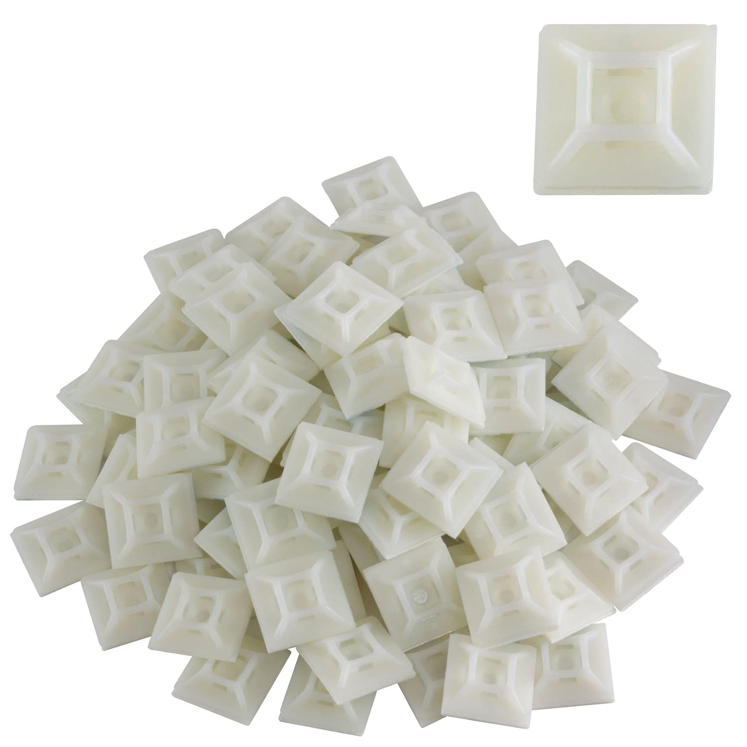 100 Pack of White Cable Tie Bases - 28mm x 28mm - Premium Adhesive Fixing Mounts by Gocableties