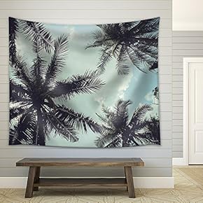 Branches of Coconut Palms Under Blue Sky - Fabric Wall Tapestry Home Decor - 51x60 inches