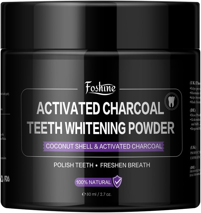 Teeth Whitening,Foshine Activated Charcoal Natural Teeth Whitening Powder-100% Natural Fluoride Free-Massive 80g Capacity for The Whole Family