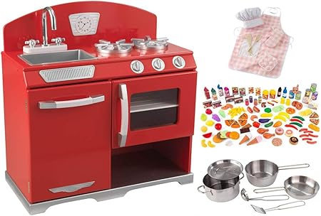 Amazon Com Kidkraft Red Retro Vintage Kitchen W Metal Cookware