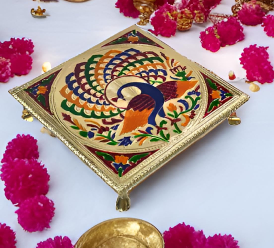 Purpledip Meenakari Chowki: Wooden Stand For Idols, 9.5 Inches (10905A)