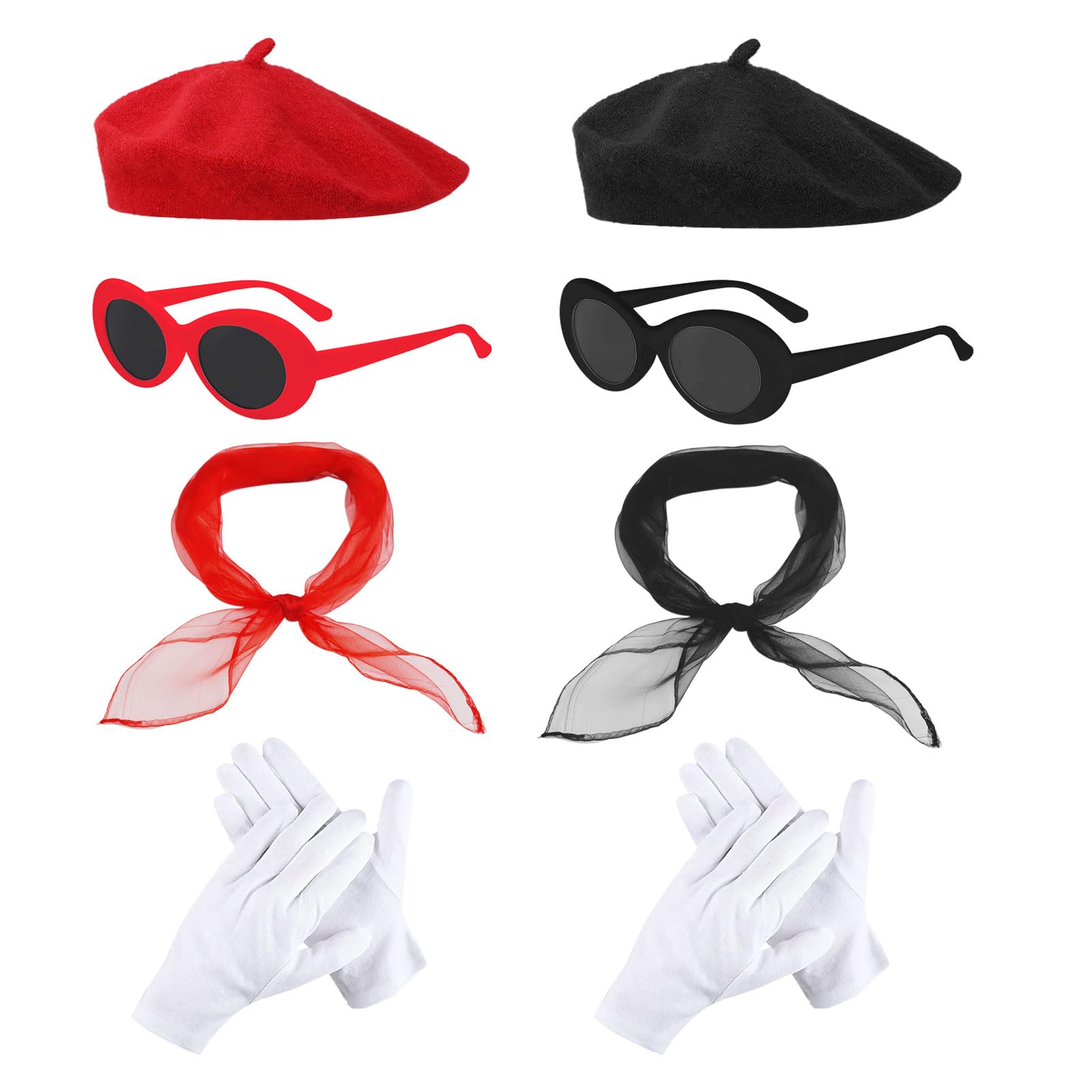 UILYNIU 8 piece French Women set, Fancy Dress Costume Accessories Set French Artist Mime Kit,with Red Black Beret Scarf Sunglasses Gloves,for Girls Cosplay Party Supplies School Dress Up (Red,Black)