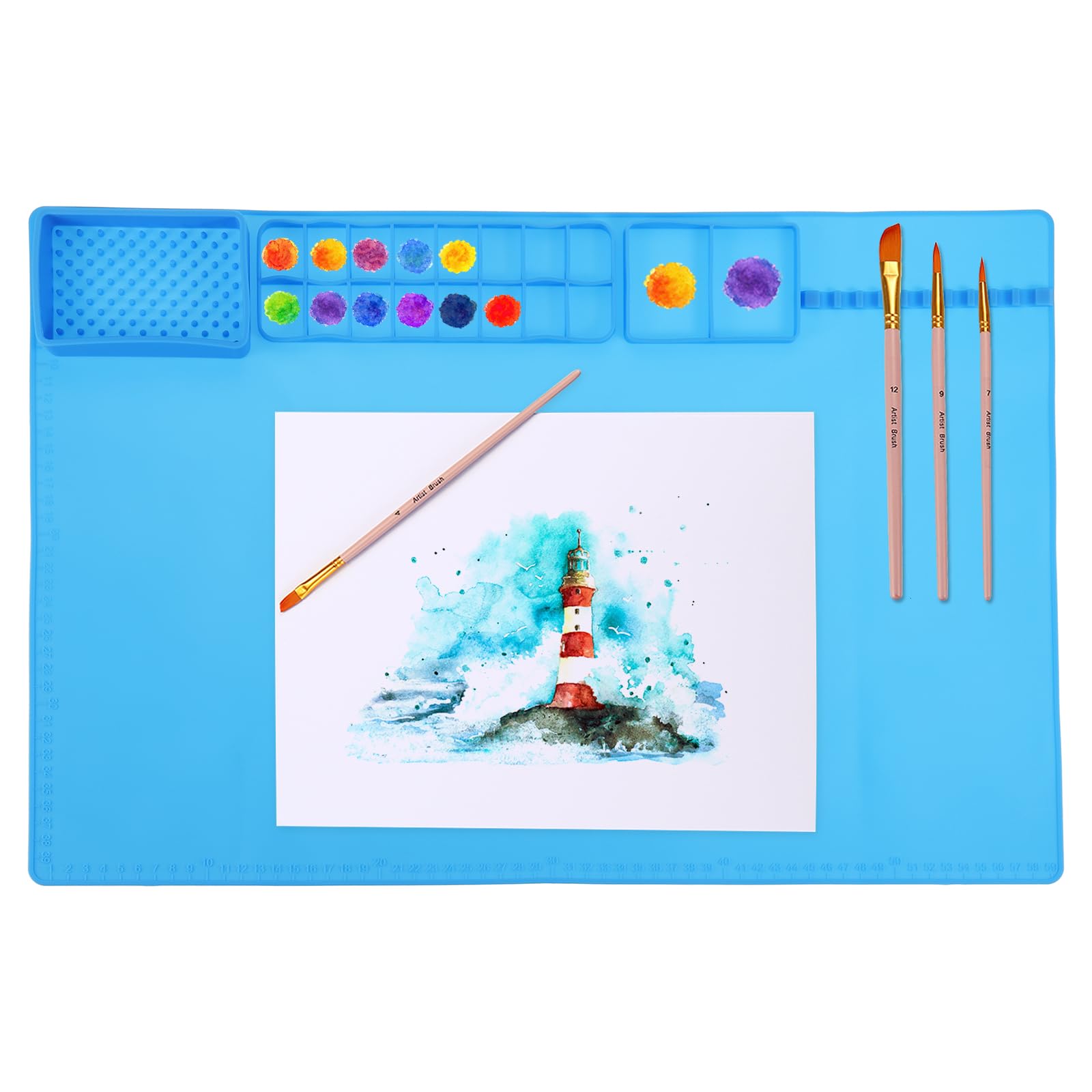 PATIKIL 24" x 16" Silicone Craft Mat, Nonstick Silicone Painting Sheets Art Mats for Resin Drawing DIY Clay, with 16 Color Dividers Brush Holder and Cleaning Cup, Blue