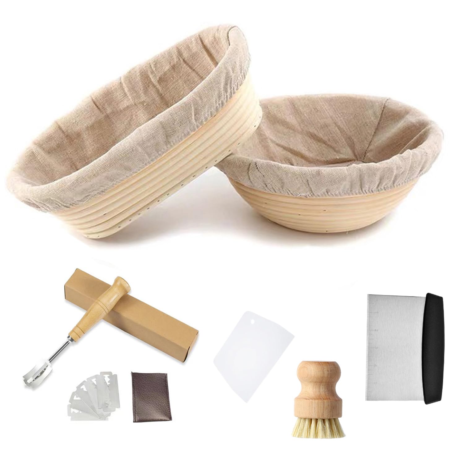 JETAINE Bread Proofing Basket Starter kit, 9Inch Round+10Inch Oval Banneton Proving Basket, Sourdough Bread Making Accessories with Liner+Bread Lame+Dough Scraper+Bamboo Brush, Baking Gifts for Baker