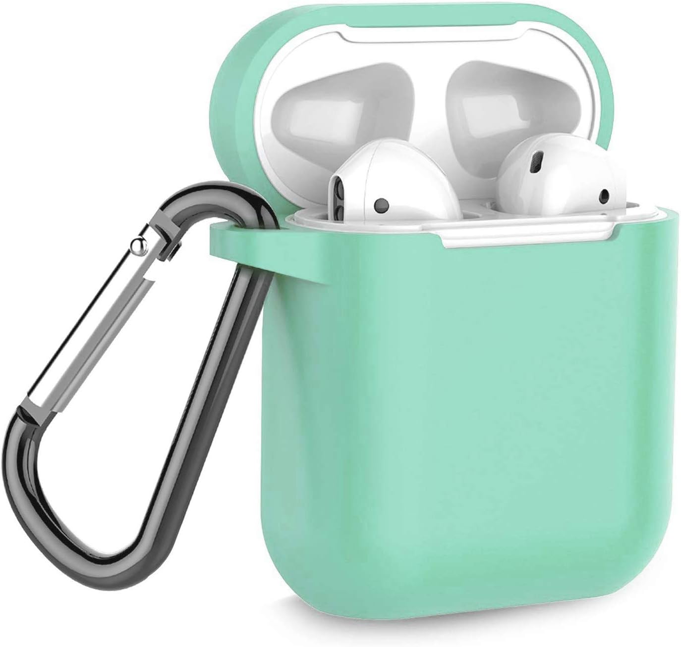 Oihxse Compatible with AirPods 1/2 Case with Carabiner Anti-Dust Plug, Shockproof Earphone Cover [Wireless Charge] [Visible LED Light] Silicone Headphone Skin Shell for Airpods 1st 2nd Gen Aqua