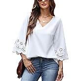 CiCiBird Women's V Neck Blouse 3/4 Bell Sleeve Loose Tops Casual Dressy Eyelet Shirts