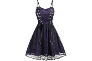SHOPESSA Women's Sleeveless Punk Dress Camisole Skull Print Lace Swing Dress Halloween Spaghetti Strap Steampunk Dress Goth Clothes