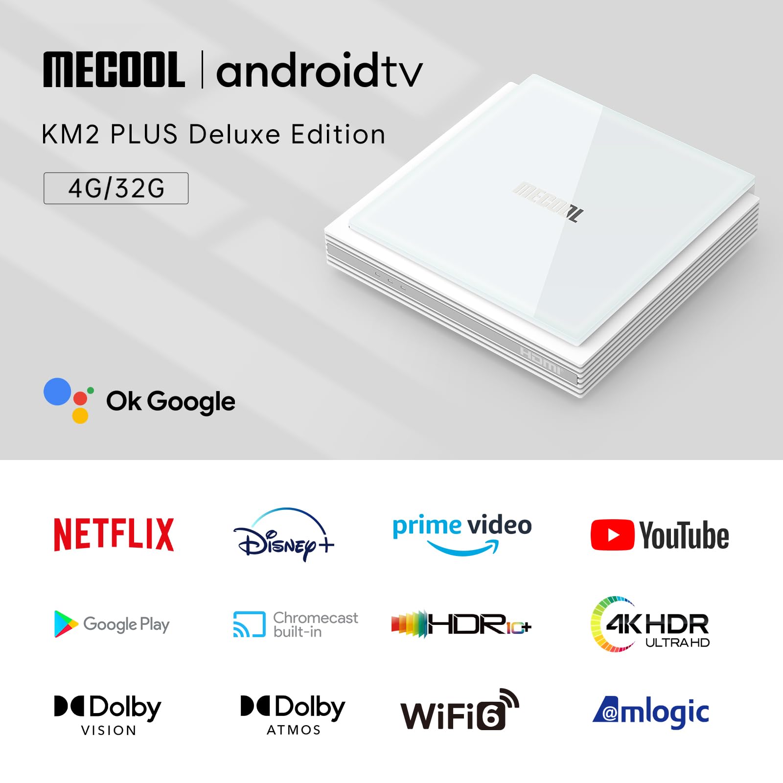 Android TV Box 11.0, MECOOL KM2 Plus Deluxe Smart TV Box 4GB 32GB Certification Netflix Google Assistant Dolby Atmos and Vision, Compatible with AV1 HDR 4K 2.4G 5.0G WiFi6 BT5.0 Amlogic S905X4
