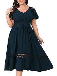 HICISI Plus Size Summer Dress V Neck Smocked High