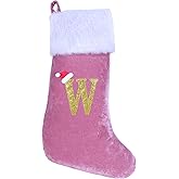 EHJYO 20 Inches Monogram Christmas Stockings with Letters Large Super Soft Christmas Stockings, Pink Velvet with White Plush Cuff Embroidered Xmas Stocking for Christmas Family Decor Letter W