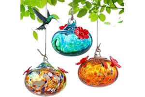 KRISININE Set 3 Small Blown Glass Hummingbird Feeders for Outdoors Hanging with 2 Flower Feeding Ports Glass Humming Bird Feeders Garden Decor for Outside