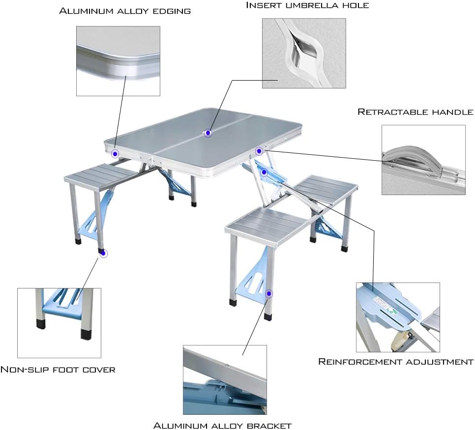 Folding Picnic Table and Beach Set, Siamese Tables and Chairs Set, Aluminum Alloy Portable Desk with 4 Seats for Indoor Outdoor Travel, Camping.Hole for Parasol, Foldable with Handle(Aluminum): Kitchen & Dining