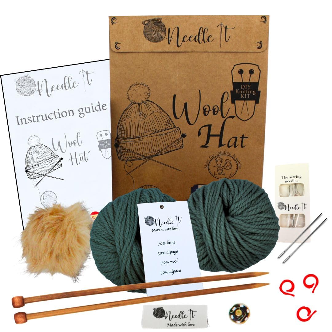 Needle It® Complete Dark Green hat Knitting kit - Do-it-Yourself Woollen hat for Children and Adults - Complete kit with Needle, Ball and Instructions - French Wool