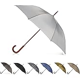 Totes Eco Auto Open Umbrella Classic Wooden J Stick Handle with Easy Grip - Windproof, Rainproof and Durable Canopy Design – Versatile Travel, Perfect for Rainy Days